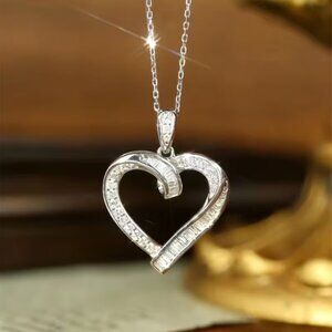 925 Sterling Silver 18" Womens 1ct Diamond Heart Pendant Necklace Ladies Jewelry